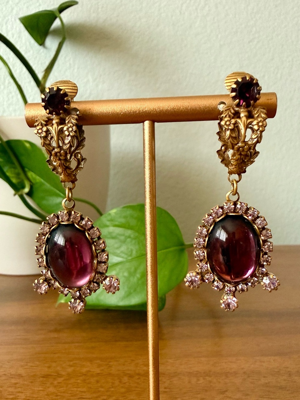Vintage Victorian Revival Goldtone Purple Crystal Cabochon Drop Clip On Earrings